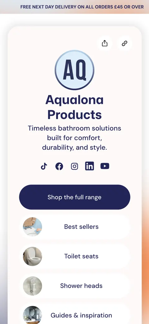 Aqualona's bio page on aqualona.com: its logo and a stack of links to shop, guides and its Dogs Trust partnership