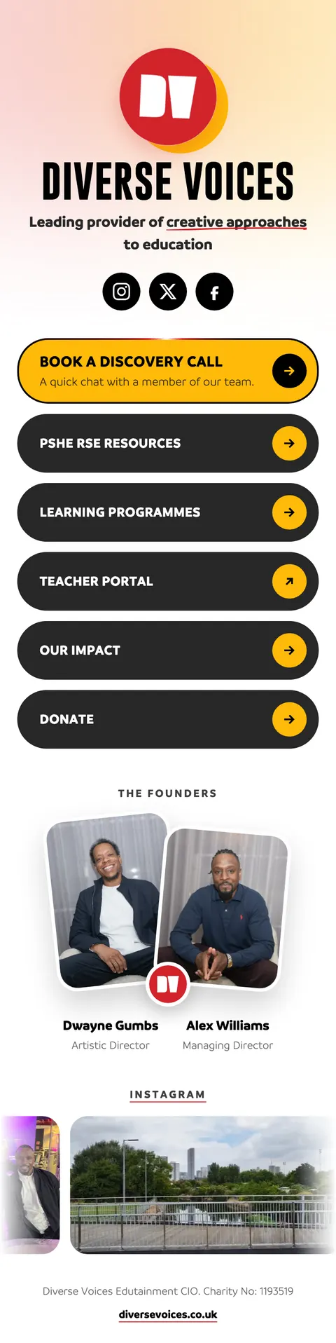 Diverse Voices' bio page: the logo, a yellow Book a discovery call button, black link buttons, and the two founders