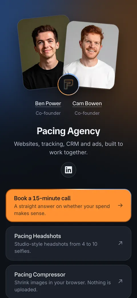 Pacing Agency's bio page on pacing.agency: Ben and Cam's portraits and a stack of links, led by Book a call